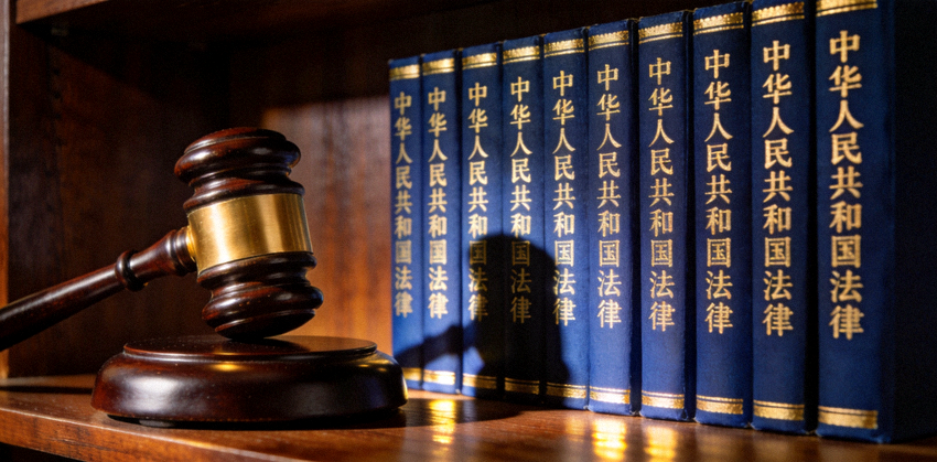 法官法槌与中华人民共和国法律典籍整齐陈列象征司法权威