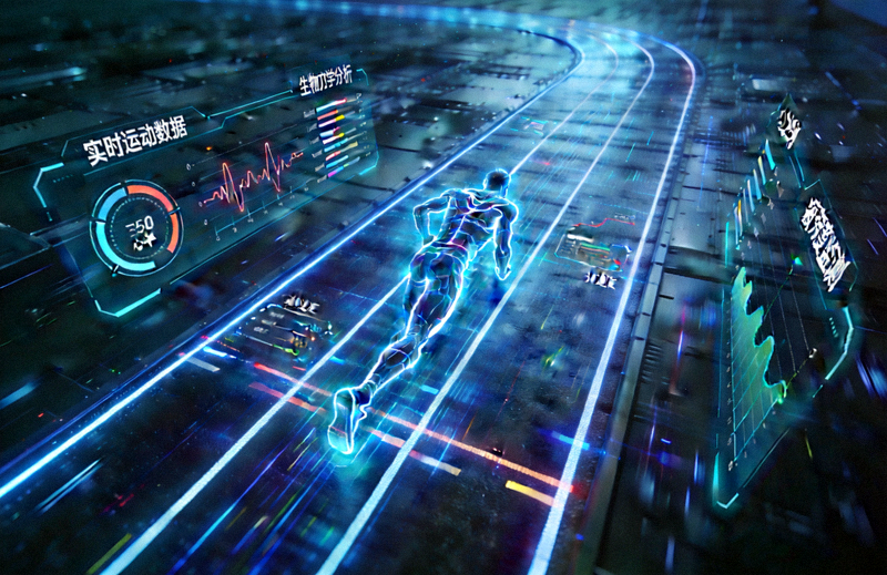 高科技体育竞技跑道与数据流分析可视化概念图