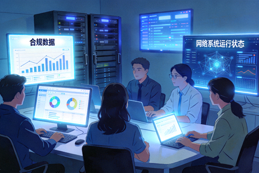 科技研发团队正在分析合规数据和网络系统运行状态