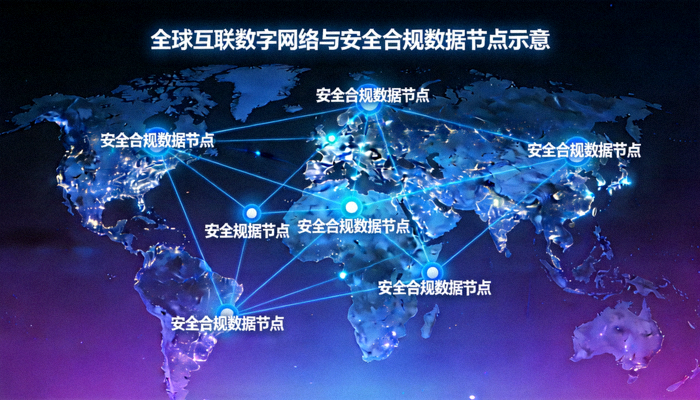 全球互联的数字网络科技与安全合规数据节点示意