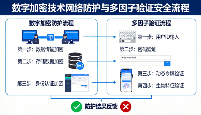 数字加密技术网络防护与多因子验证安全流程图