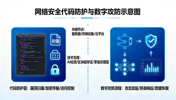 网络安全代码防护与数字攻防示意图