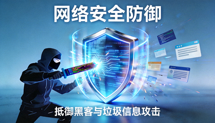 网络安全防御盾牌抵御黑客与垃圾信息攻击