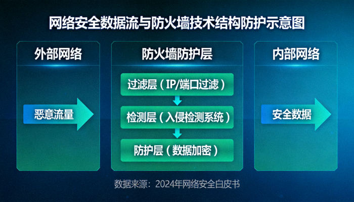 网络安全数据流与防火墙技术结构防护示意图