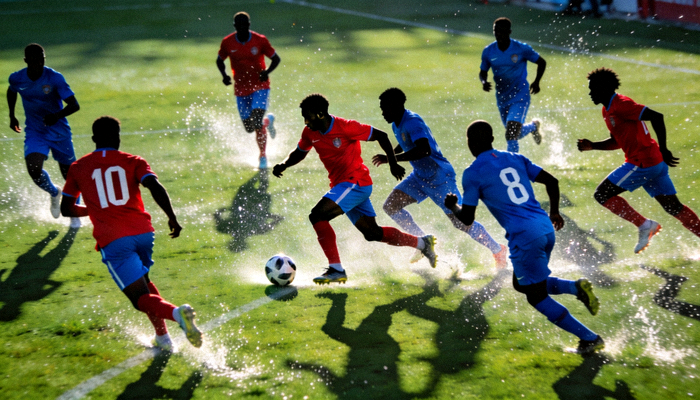 足球场上热烈拼抢与战术阵型运转的瞬间